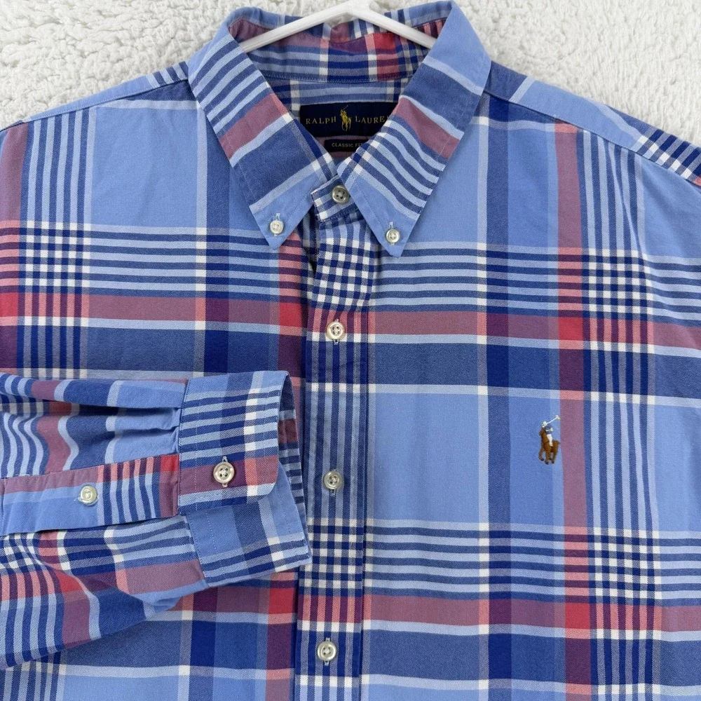 Ralph Lauren Shirt Mens 2XL Blue Plaid Long Sleeve Button Down Pony Logo Casual